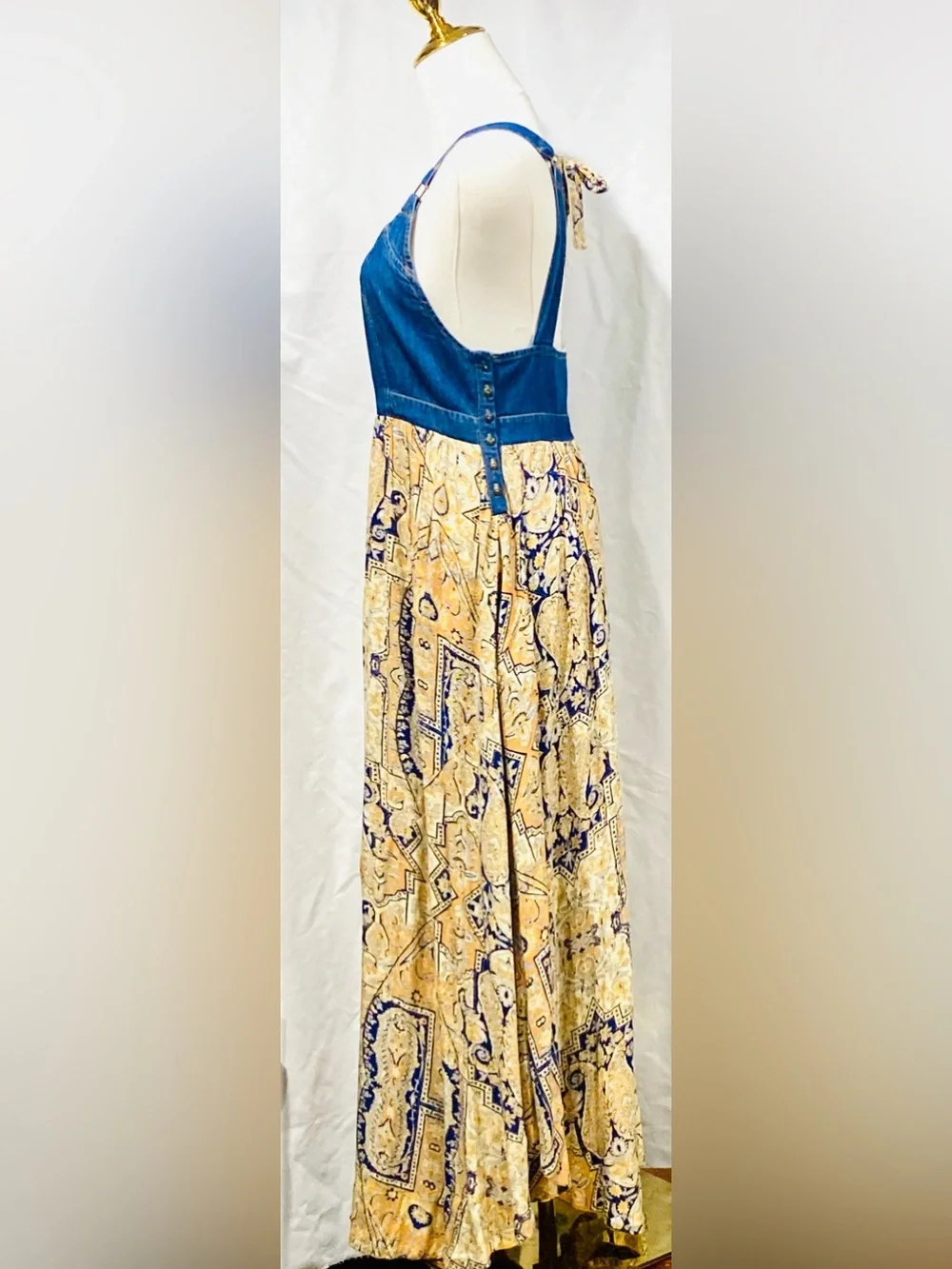 Free People Patchwork Paisley Maxi Dress in Mustard & Navy Denim Bust Size XS